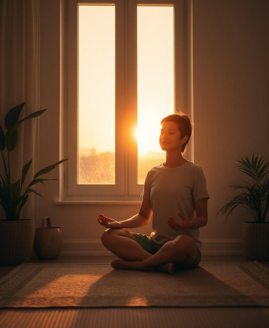 Person resting and meditating in calm morning light